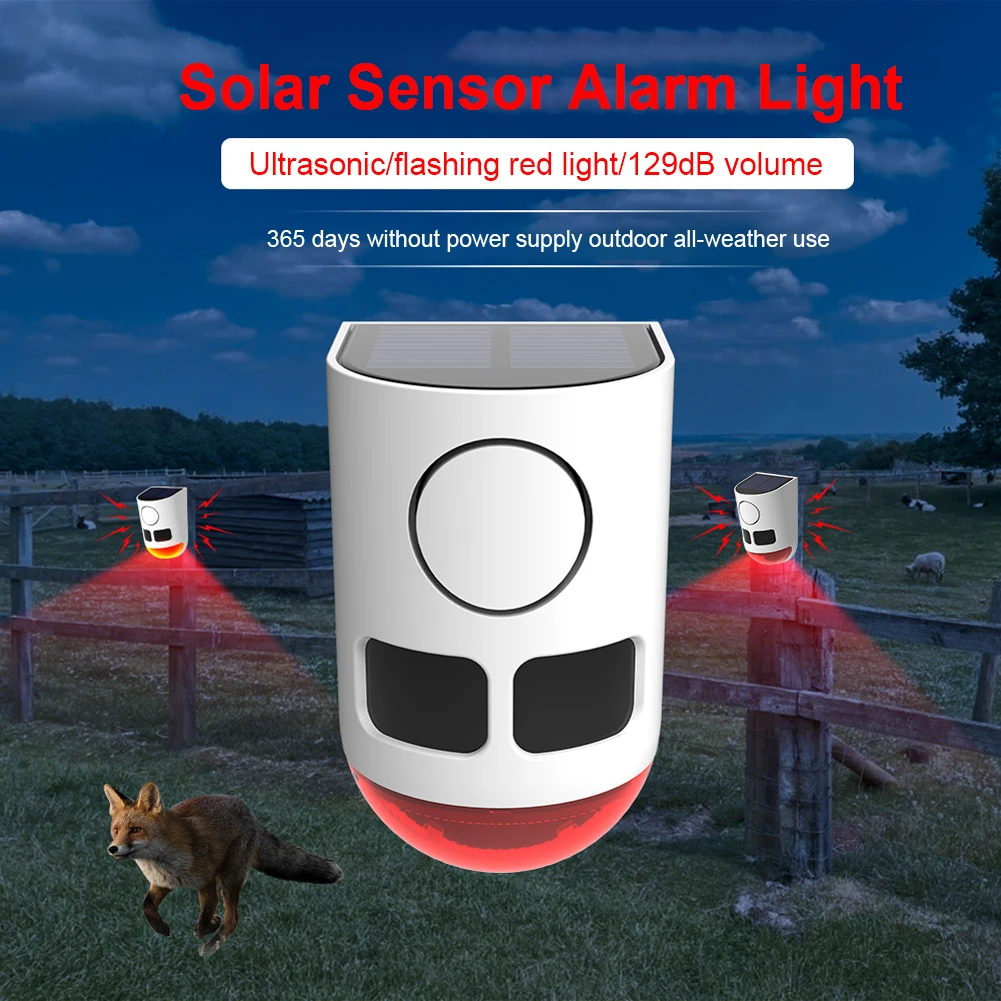 

Solar Infrared Motion Sensor Alarm Animal Repeller with Flashing Light Sound Noise Maker To Deter Raccoon Deer Skunk Bear Coyote
