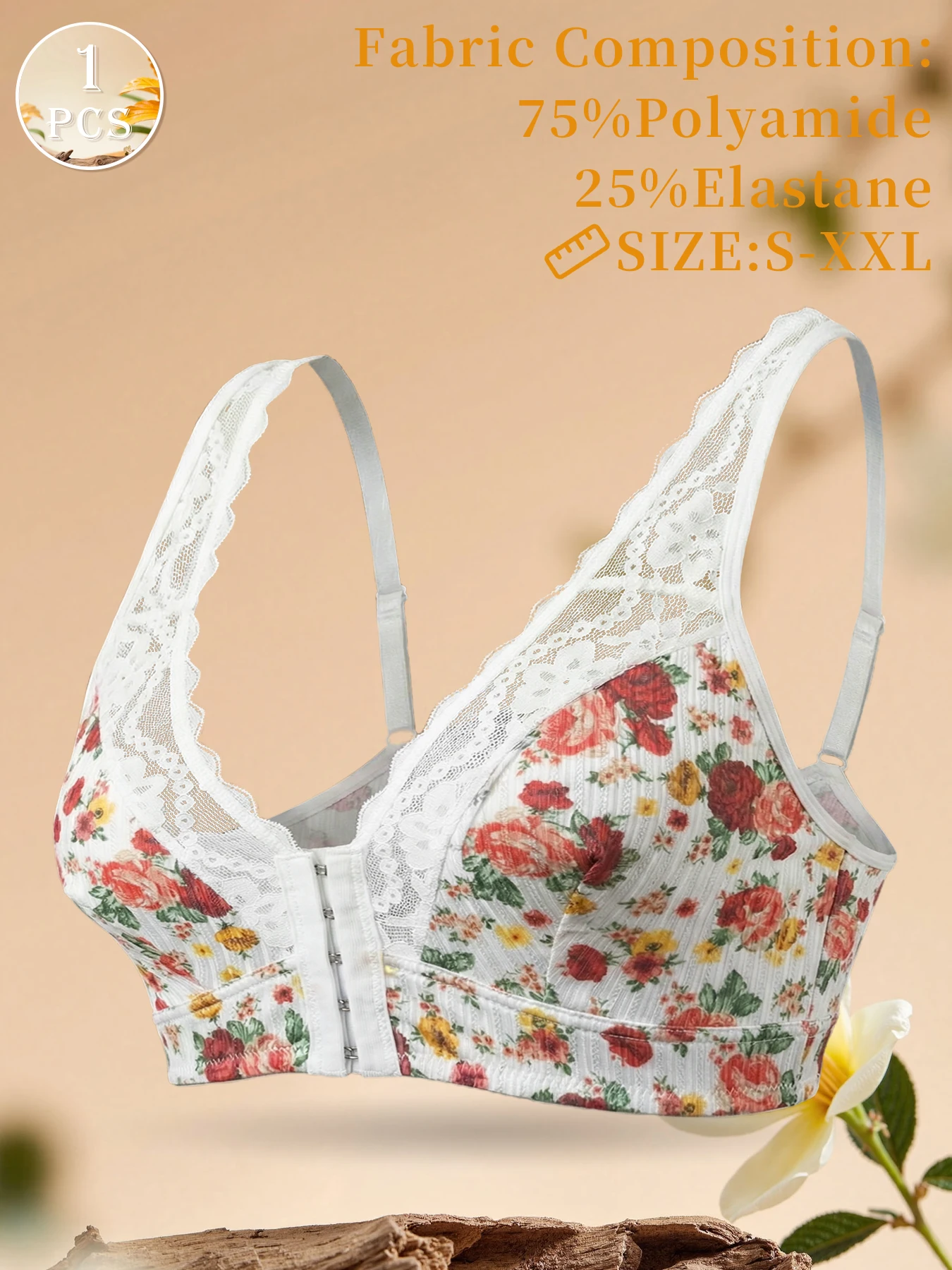 1pc Women's Floral Print Wireless Bra, Lace Trim Front Closure Comfort Bralette (S-XXL) view 3