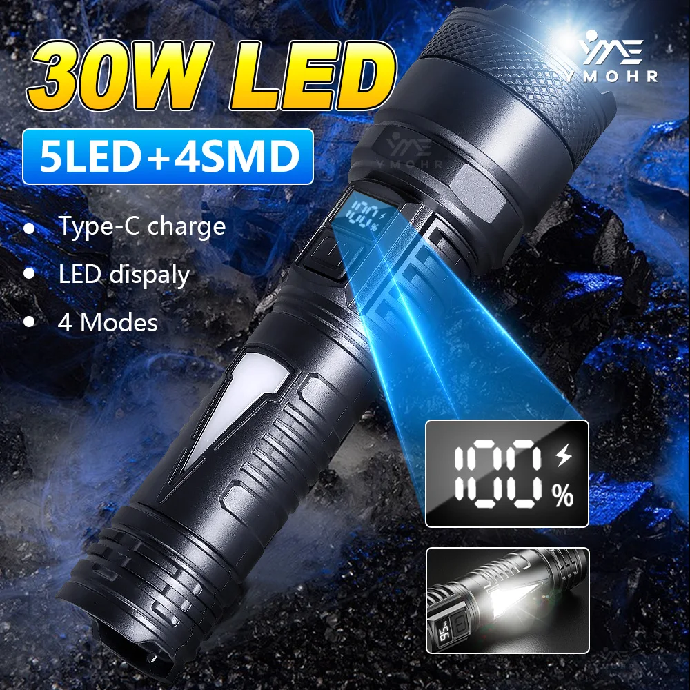 

30W светодиодный фонарик Открытый кемпинг фонарик рыбалка чрезвычайных водонепроницаемый фонарь перезаряжаемый тип C свет Мощность Портативный Лампа