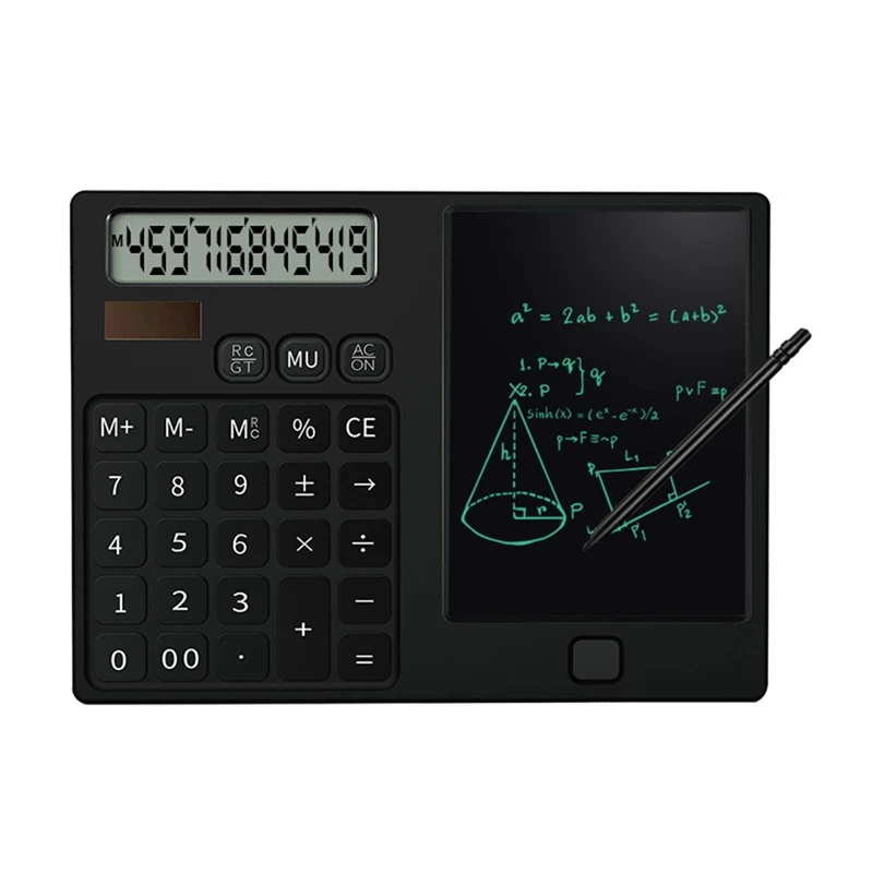 12-Digit Display Pocket Calculator With Erasable Wiriting Pad For Student For School Black