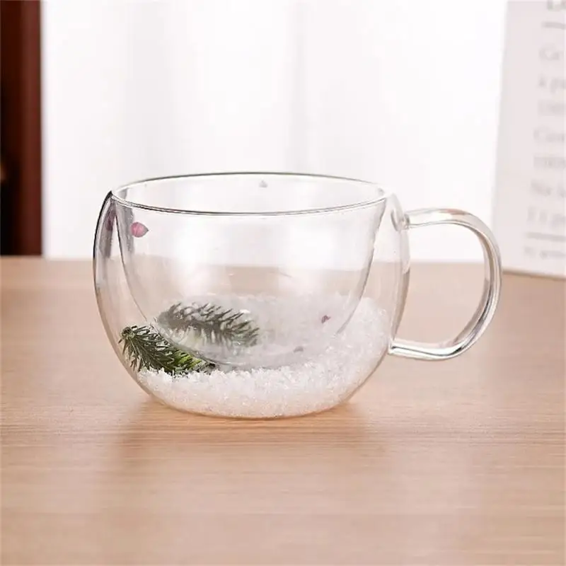 Creative Double Wall Glass Cups Transparent Christmas Coffee Mug with Handle Snow Home Heat Resistant Gift Tea Milk Water Cup