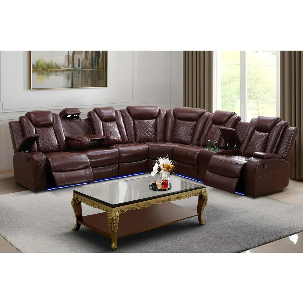 recliner.Power Recliner Set, Leather Sectional Sofa Set for Living Room, Home Theater, with LED Lights, Cup Holder, Hide-Away