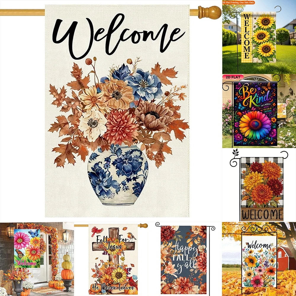 1pc  Welcome Fall Garden Flags, Seasonal Autumn Outdoor Yard Decor, Vintage Floral Harvest Welcome Banners For Patio Lawn