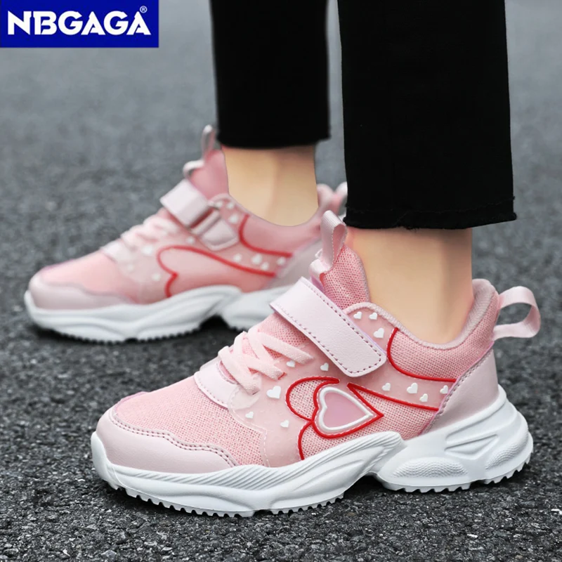 Fashion Sport Pink Girl Shoes Breathable Children\'s Sweet Heart Print Casual Shoes Lightweight Kids Walking Shoes Non-slip