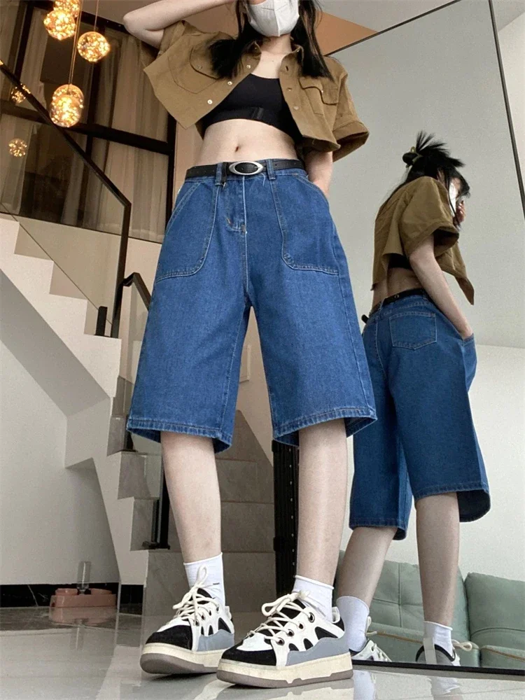 

Women's Loose Large Pocket Wide Leg Denim Half Pants Summer New American Street Female Casual A-Line Straight Blue Shorts