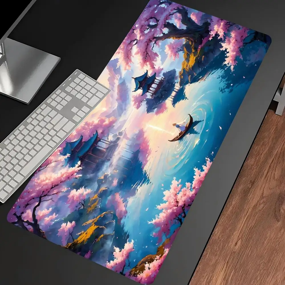 Oriental Cherry Blossom Extended Gaming MousePad Non‑Slip Desk Surface Purple Moon Ancient Pavilion Eastern Art Print For Gaming