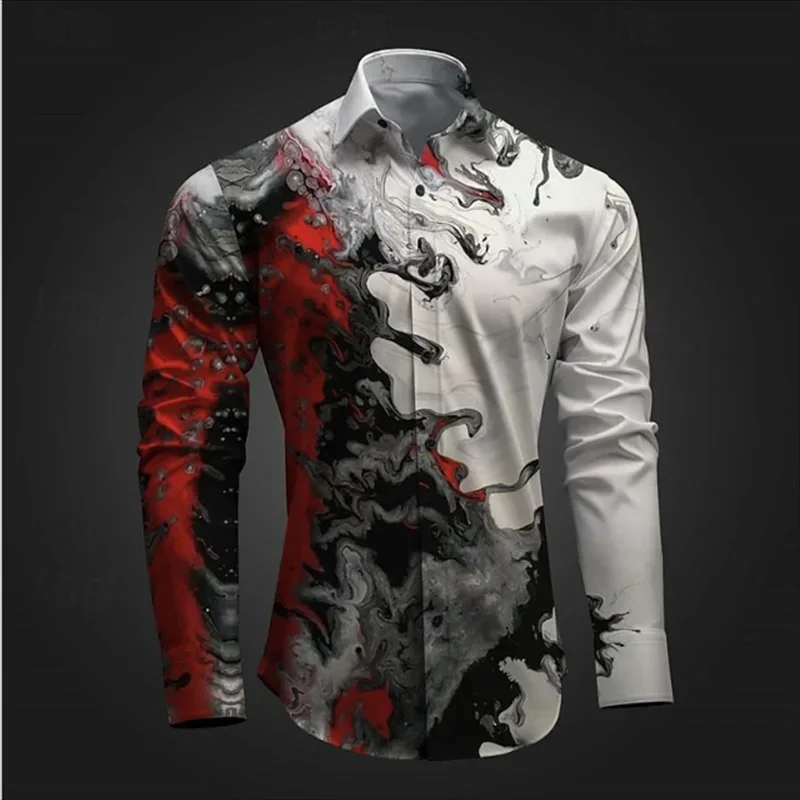 Camicia casual da uomo con illusione ottica stampa 3D party street vacation primavera ed estate risvolto manica lunga