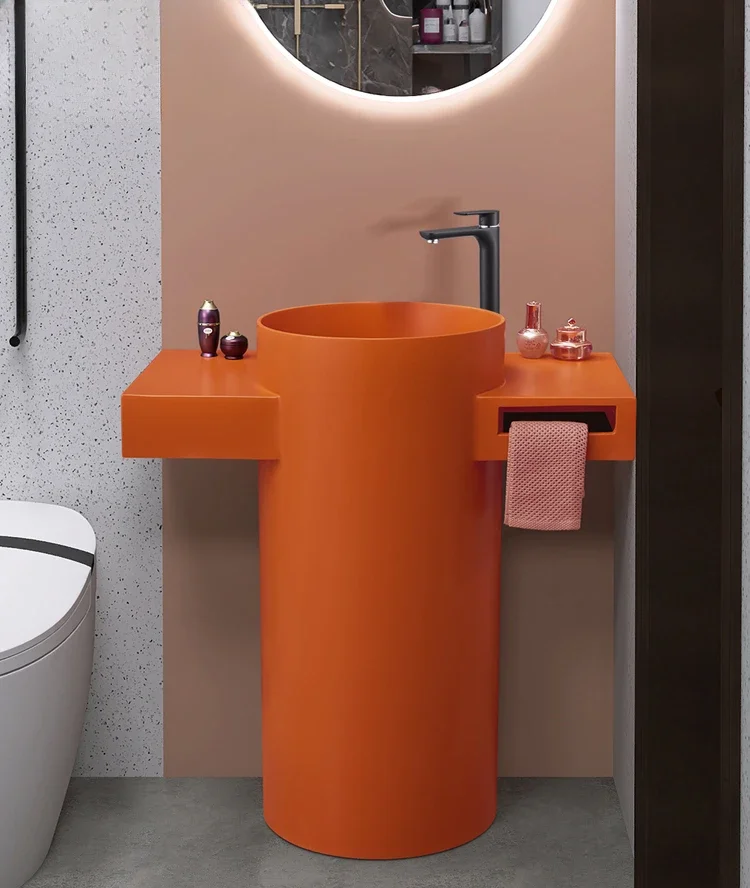 Artificial stone integrated vertical column washbasin art floor standing cylindrical washbasin