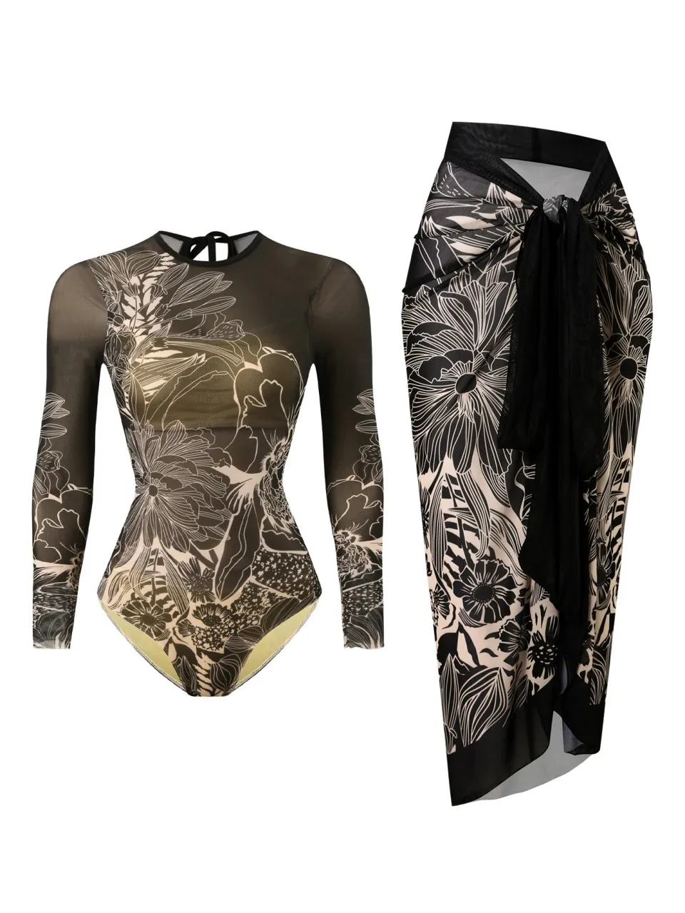 

Сетчатый купальник с длинными рукавами, 2026, женское черное пляжное платье, купальник с принтом, женский купальный костюм, пляжная одежда с подкладкой