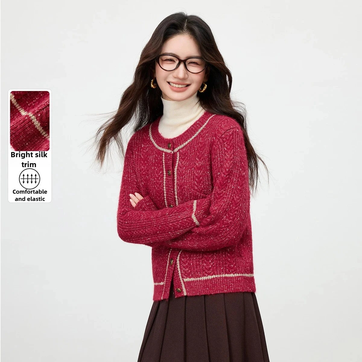

SENTUBILA Elegant Commute Cardigan Sweater Women 2025 Autumn Contrasting Sweaters O-neck Single Breasted Female Tops W54EB4148