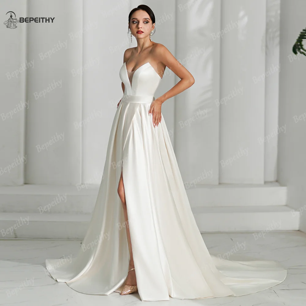 BEPEITHY Customized Ivory Satin A Line Wedding Dress For Women 2024 Sweetheart Sexy High Slit Sweep Train Bride Boho Bridal Gown