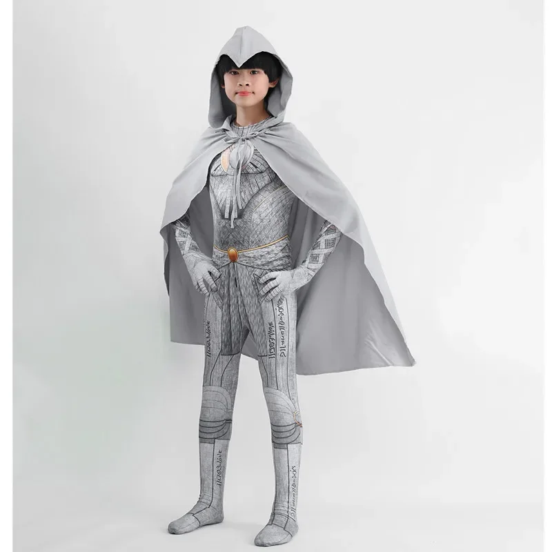 Traje encapuzado tridimensional do cabo do cavaleiro do luar para crianças, calças justas do cosplay, roupa do Dia das Bruxas, 3D