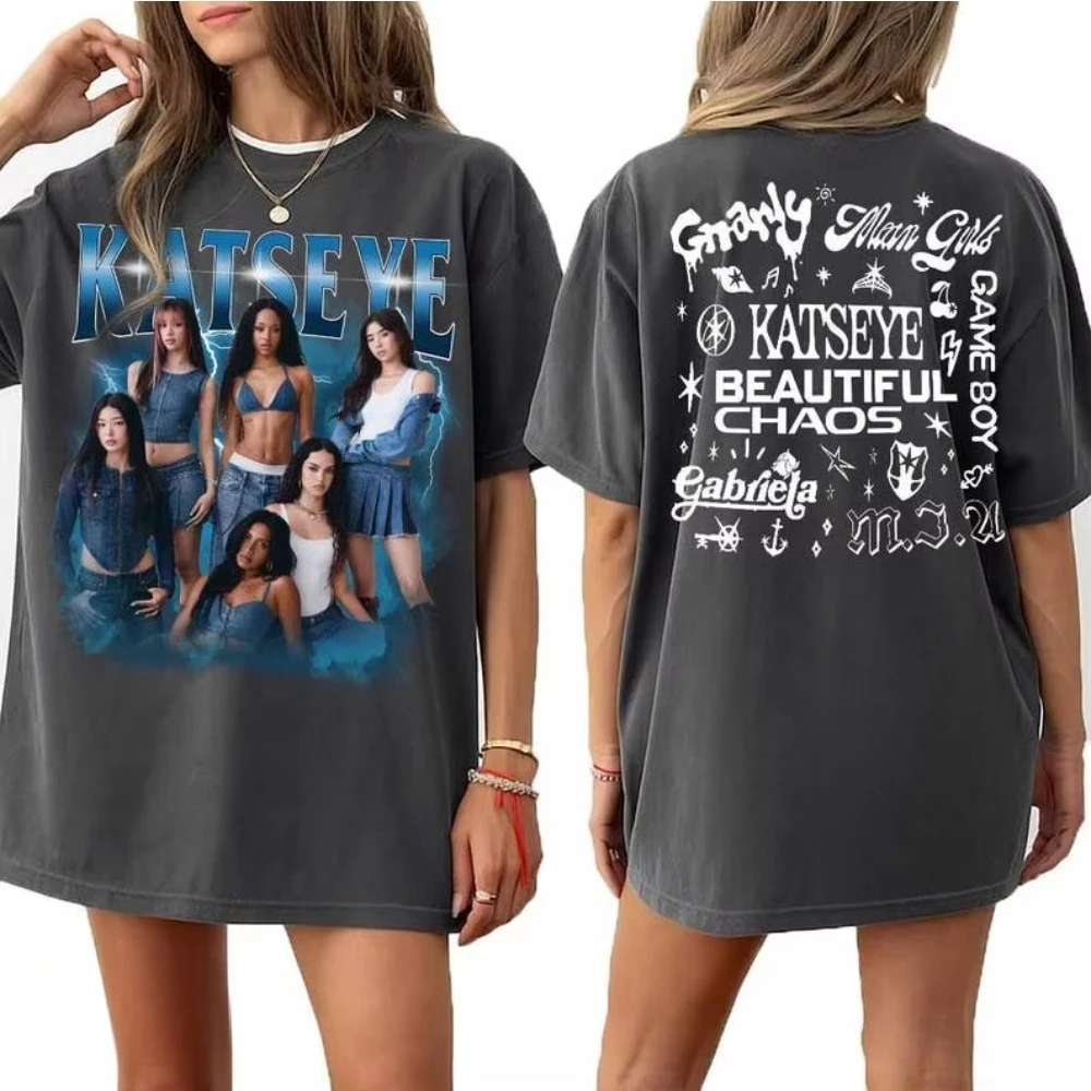 Sided Katseye The Beautiful Chaos Baumwoll-T-Shirt, Fan-Geschenk, bedrucktes T-Shirt für Damen, lässiger Street-Style