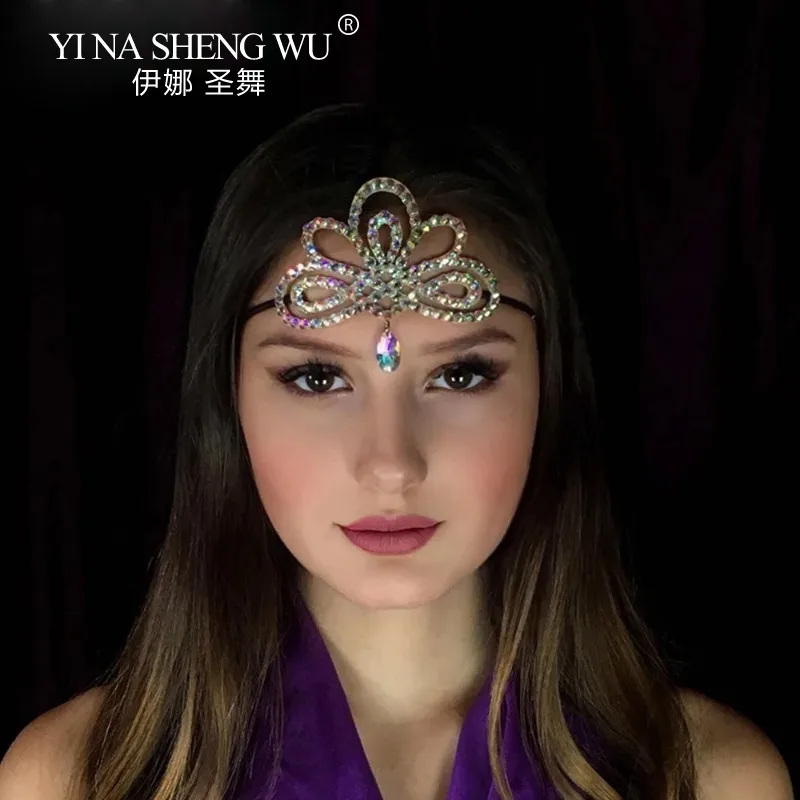 Fashion Gorgeous Belly Dance Headpiece Headband Bridal Hair Accessories Women Ballroom Hollow Colourful Rhinestone Head Chain