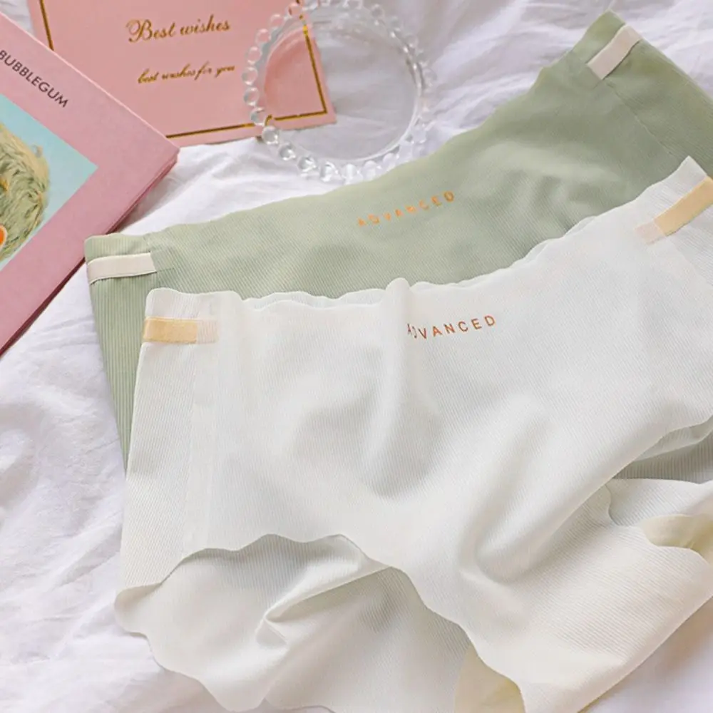 Sweet Solid Color Ice Silk Panties Soft Letter Middle Waist Briefs Cotton Crotch Japanese Style Seamless Lingerie Women