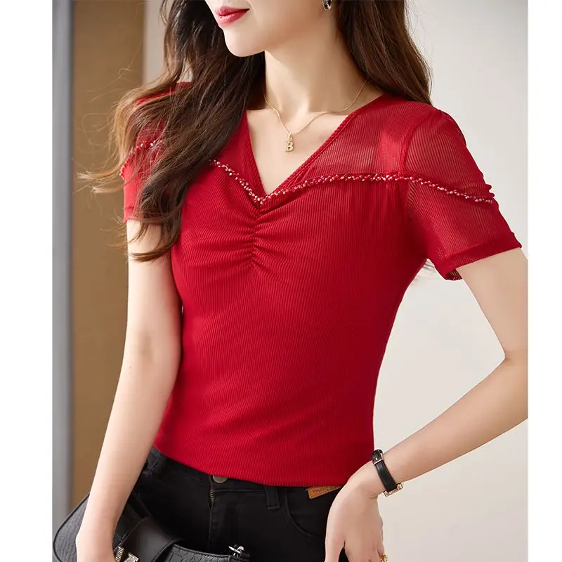 Summer New Short Sleeve Net Yarn V Neck Slim T Shirts Solid Color Thin Patchwork Tops Tees Temperament Elegant Women Clothing