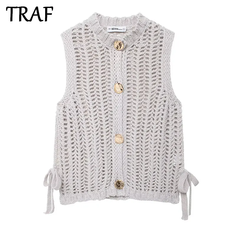 

TRAF 2025 Women's Summer New Side Tie Decorated Casual Elegant Crew Neck Sleeveless Openwork Thick Knit Vest Top