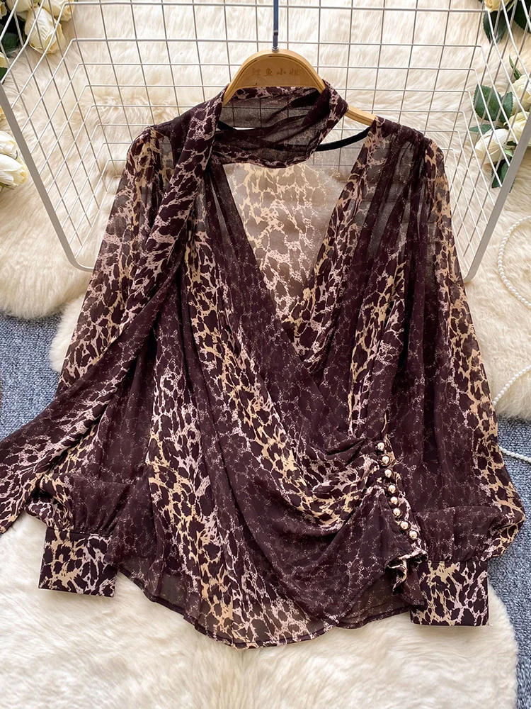 Women's Chiffon Blouse V-neck Leopard Print Style Long Sleeved Shirt Loose Slimming High-end Versatile Commuter female Top BL386