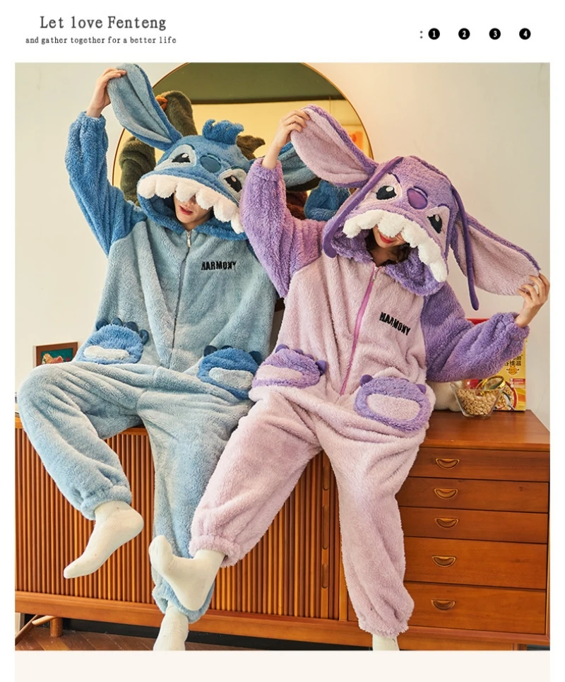 

Winter Couple Pajamas Thicken Men Women Sleepwear Pajama Cartoon Soft Warm Adult Homewear Hooded Pyjama Cosplay Party Loungewear