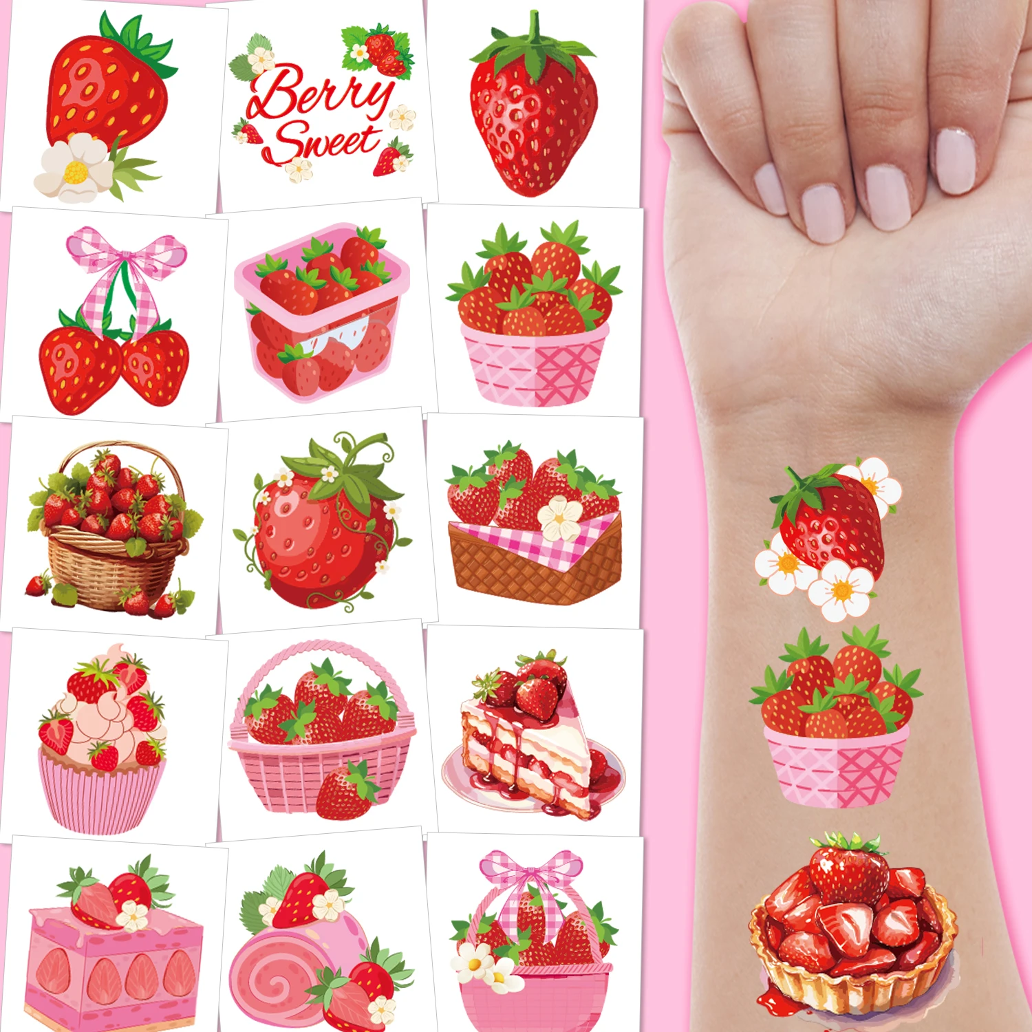 10 Sheets Strawberry Party Temporary Tattoos - Dessert Birthday Party Decorations, Berry Sweet Cute Accessory, Garden Tea Theme