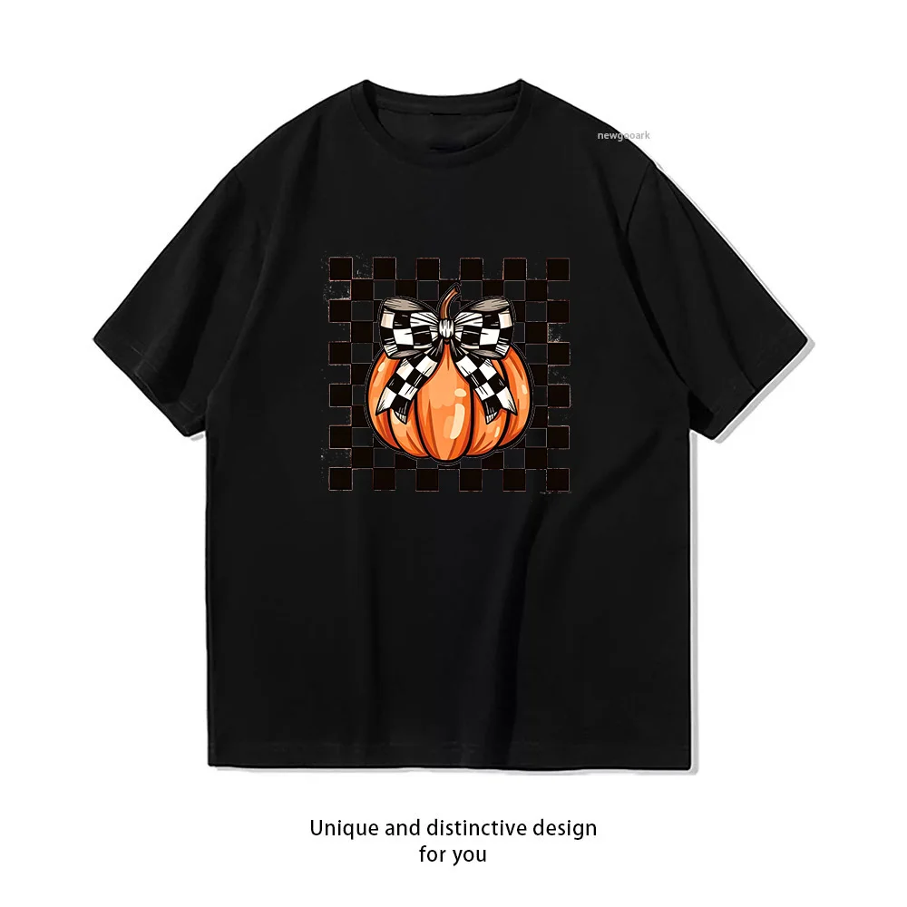 Checkered Fall Pumpkin Halloween T-shirt Woman Man Summer Cotton Graphic T Shirts Adult Casual Streetwear Camisetas Tops Classic