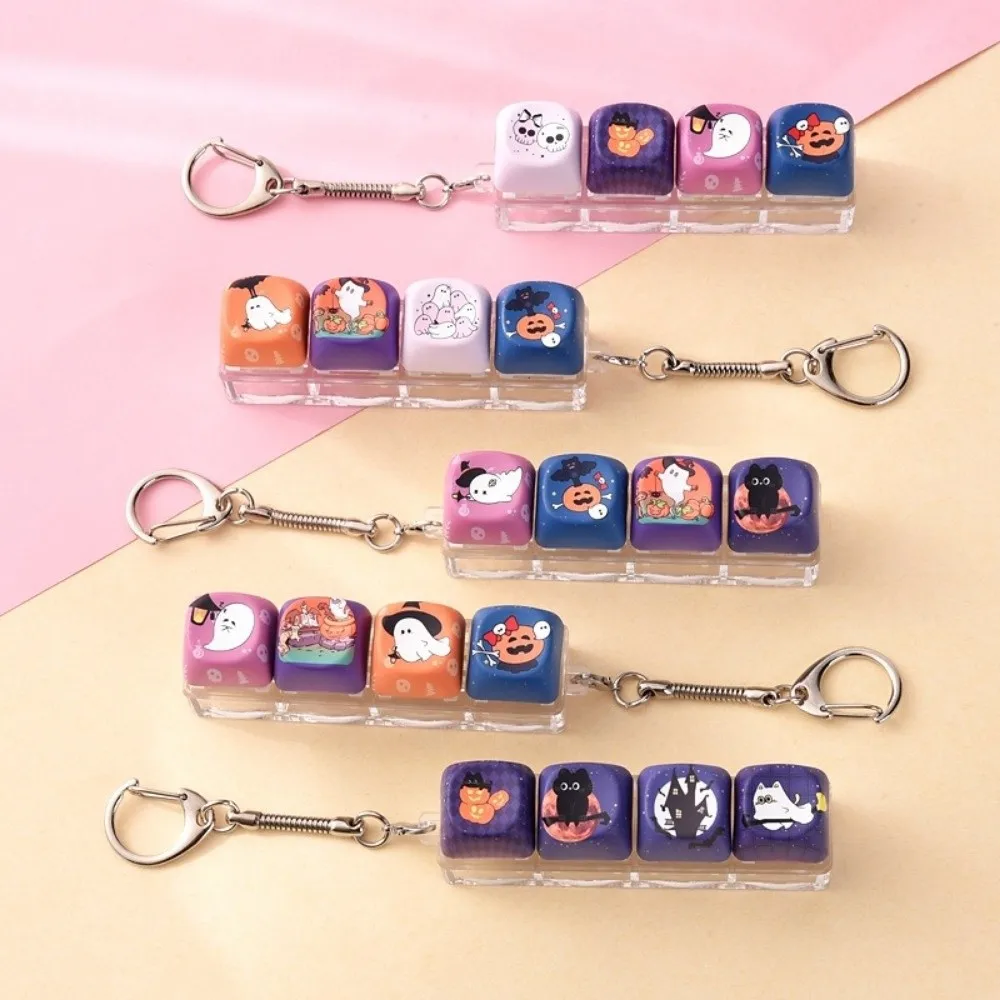4 Keys Halloween Fidget Pressing Keychain Halloween Pattern Pressing Mechanism Halloween Pendant Stress And Frustration Release
