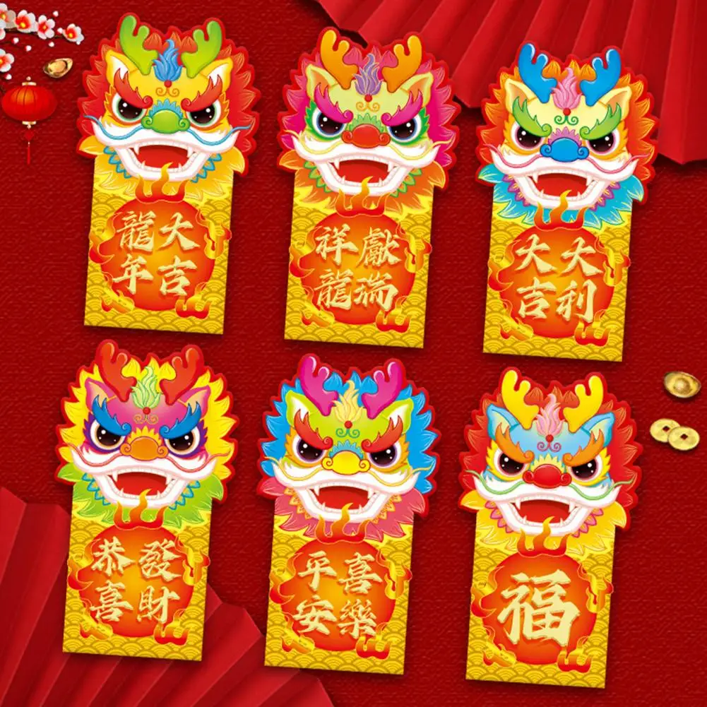 เซ็ตซองสีแดงปีใหม่6ชิ้น2024ชุดดีไซน์มังกรการ์ตูนกระเป๋าสีแดง3D ถุงซานตาสีแดงสไตล์จีนอุปกรณ์สำหรับงานเลี้ยงเทศกาล