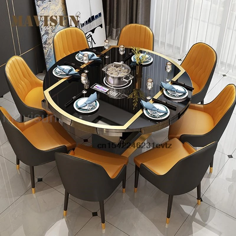 Indoor Modern Folding With Induction Cooker Dinner Round Table Chairs For Dining Room With Turntable Restaurant Apartment