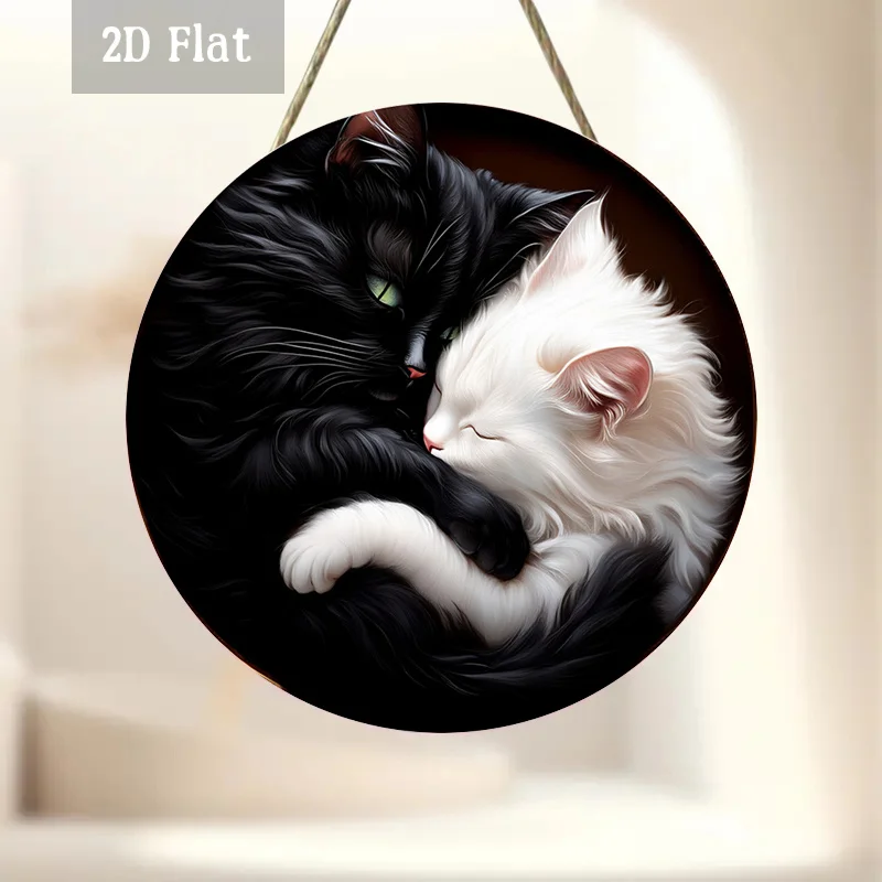 2D Flat - 1pc a Black And White Cat Wood Panel Artwork Featuring a Circular Design, Showcasing The Yin Yang Symbol. This Round W