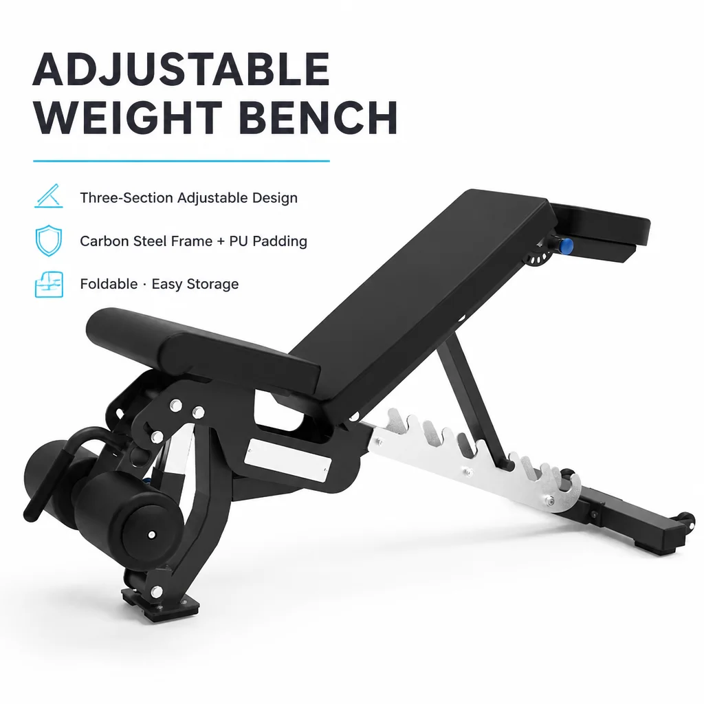 Three-Section Adjustable Foldable Multifunctional Fitness Bench Carbon Steel PU for Home Strength Training