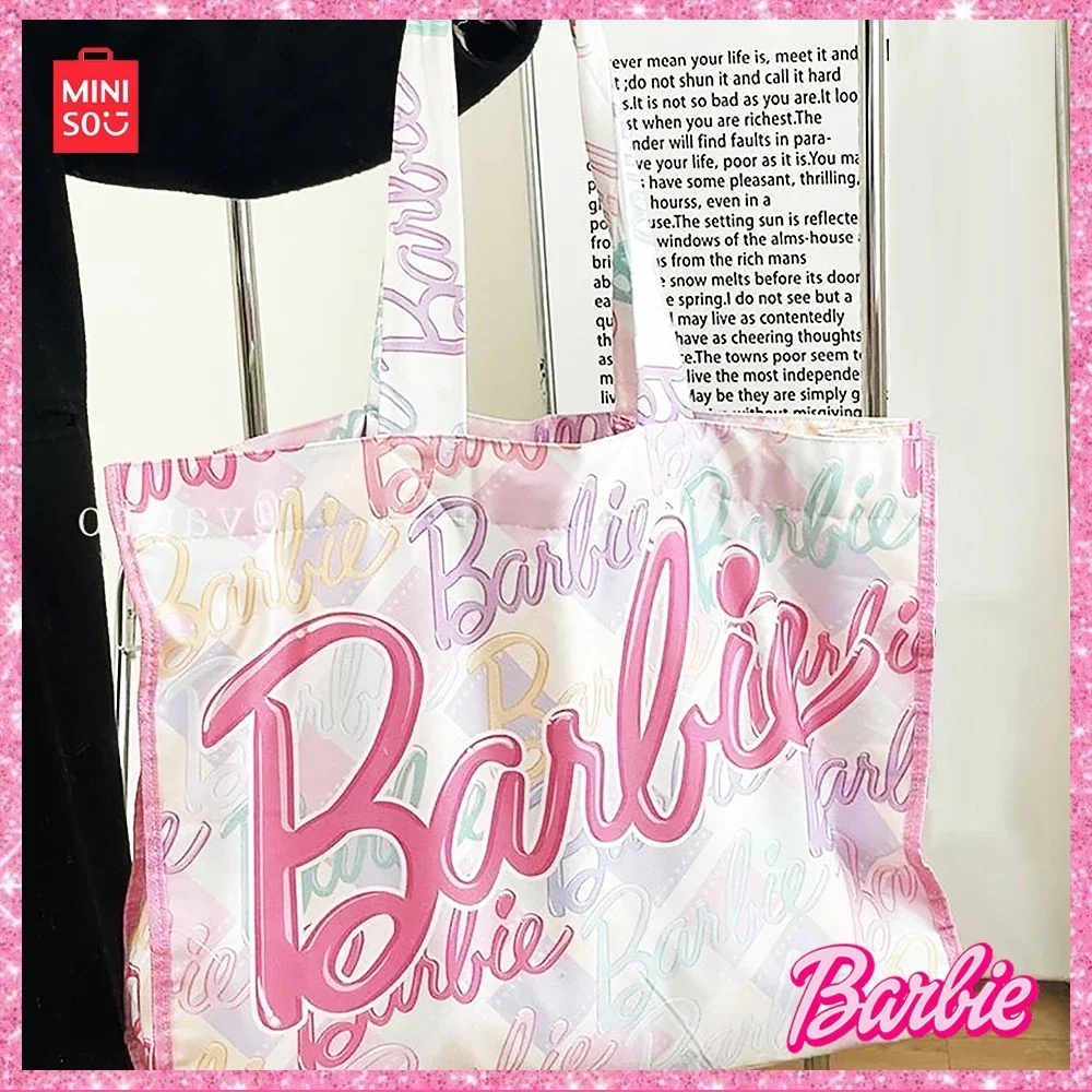 

2024 Miniso Barbie Fashion Printed Canvas Shoulder Bag Shopping Hangbag Student Girls Travel Packet Outdoor Portable Bag Gifts