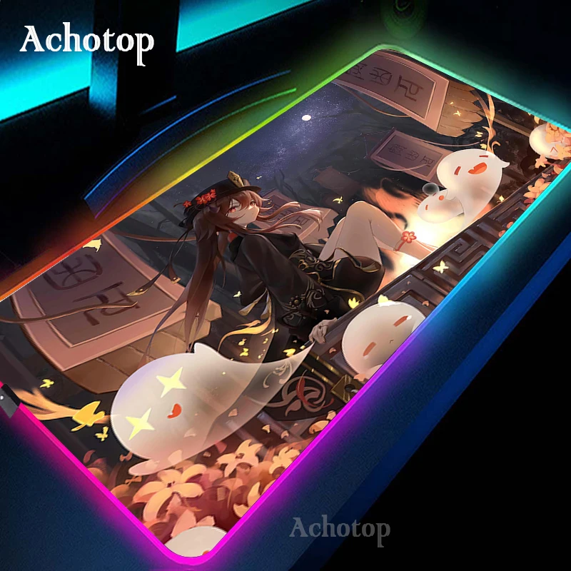 HU TAO Genshin Auswirkungen 80x30cm Computer Gaming Mouse Pad RGB PC Laptop Gamer Mauspad Anime Antislip Große LED Teppich Matte Backlit