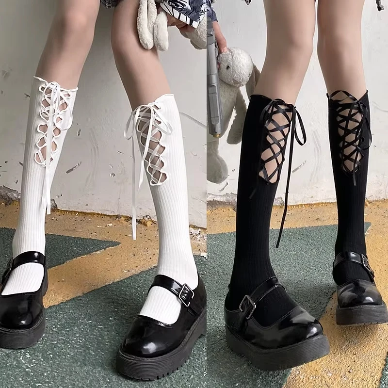 

JK Lolita Girls Cotton Cross Strap Tie Stockings Women's Fashion Middle Tube Knee Socks Straps Hollow Calf Long Tube Crew Socks
