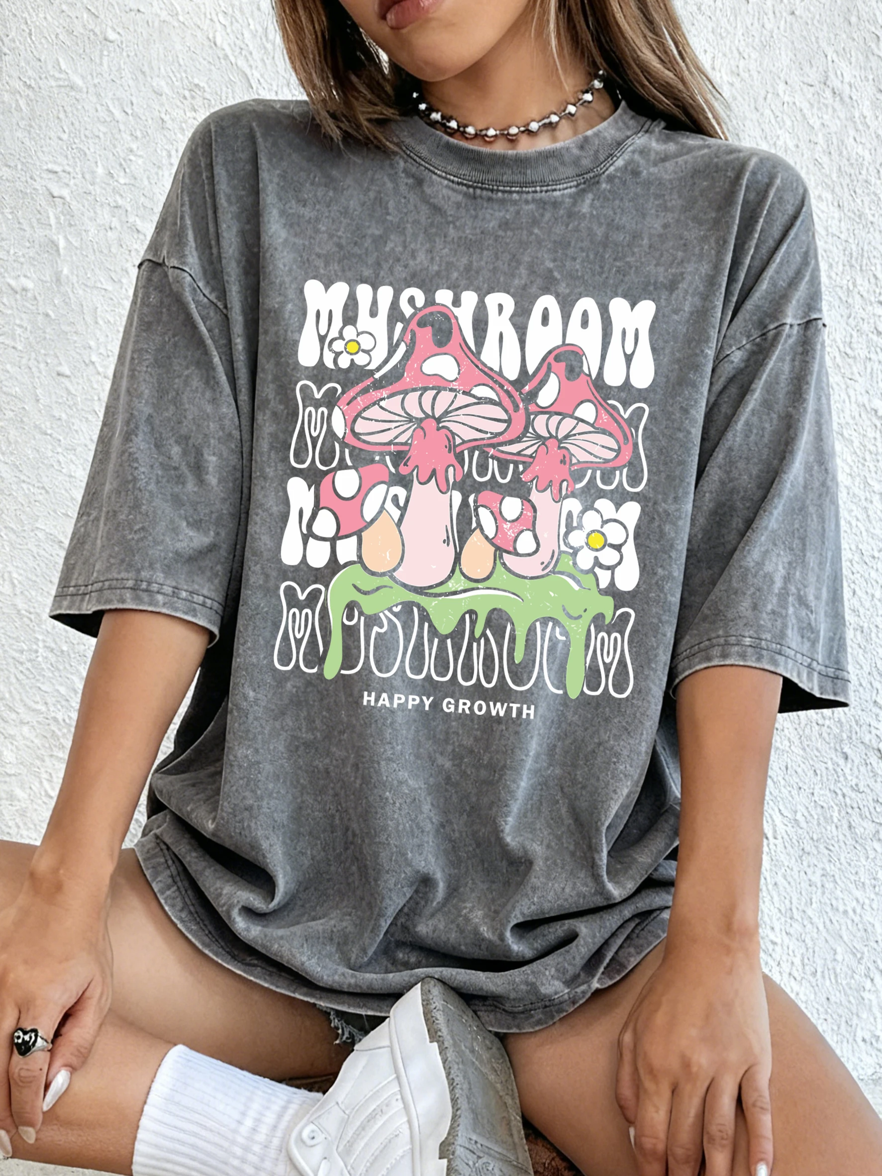 الإبداعية الفطر إلكتروني طباعة غسلها تي شيرت المرأة Y2K كل مباراة ملابس قطنية Crewneck تي شيرت غير رسمي فضفاض الصيف الشارع الشهير #2