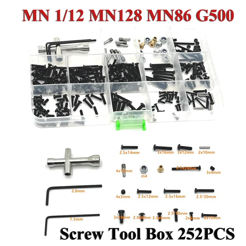 Suitable for MN 1/12 MN128 MN86 G500 RC Remote Control Car Spare Parts Modified Screw Tool Box 252PCS