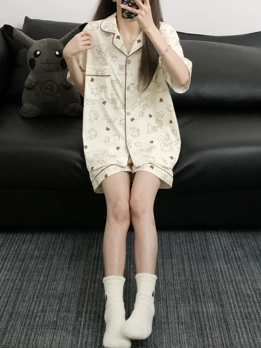

Cute Bear Pure Cotton Sleepwear Women's Summer New Short Sleeve Shorts Cartoon Home Clothes Set Comfortable Breathable Lightw...