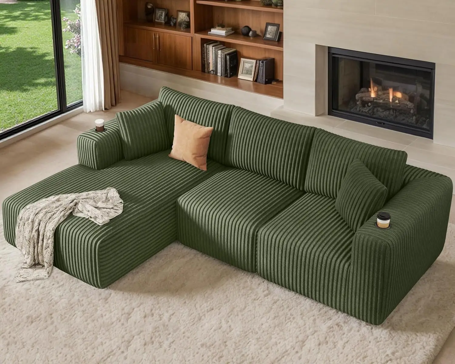 #Modular Sectional Sofa Deep Seat Convertible Bed Cup Holder Memory Foam Corduroy Living Room