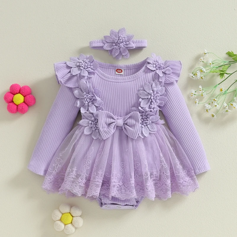 Infant Toddler Girl Romper Dress Newborn Baby Mesh Tull Dress Romper Flowers Lace Fall Winter Festival Clothes with Headband