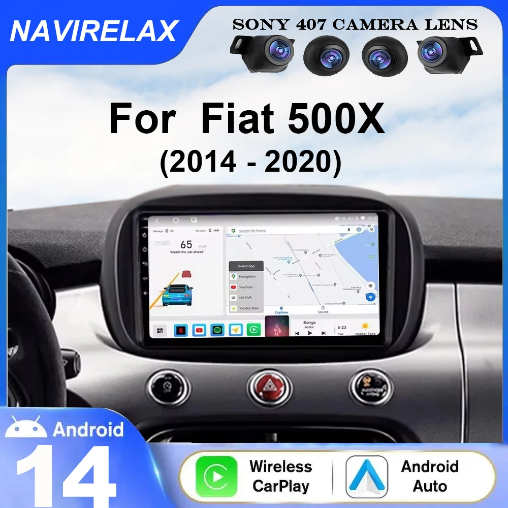 Android 14 Auto Carplay for Fiat 500X 2014 - 2020 Car Radio Multimedia Video Naivgation GPS Track QLED Screen Wifi+4G 360 Camera