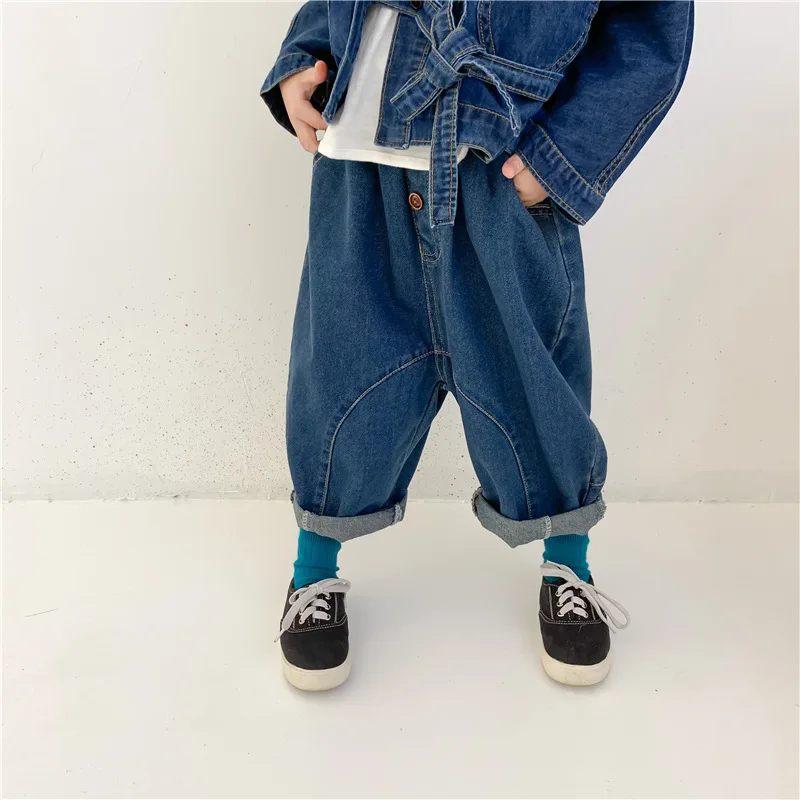 

Spring Autumn boys and girls baggy jeans unisex children cotton soft loose denim pants