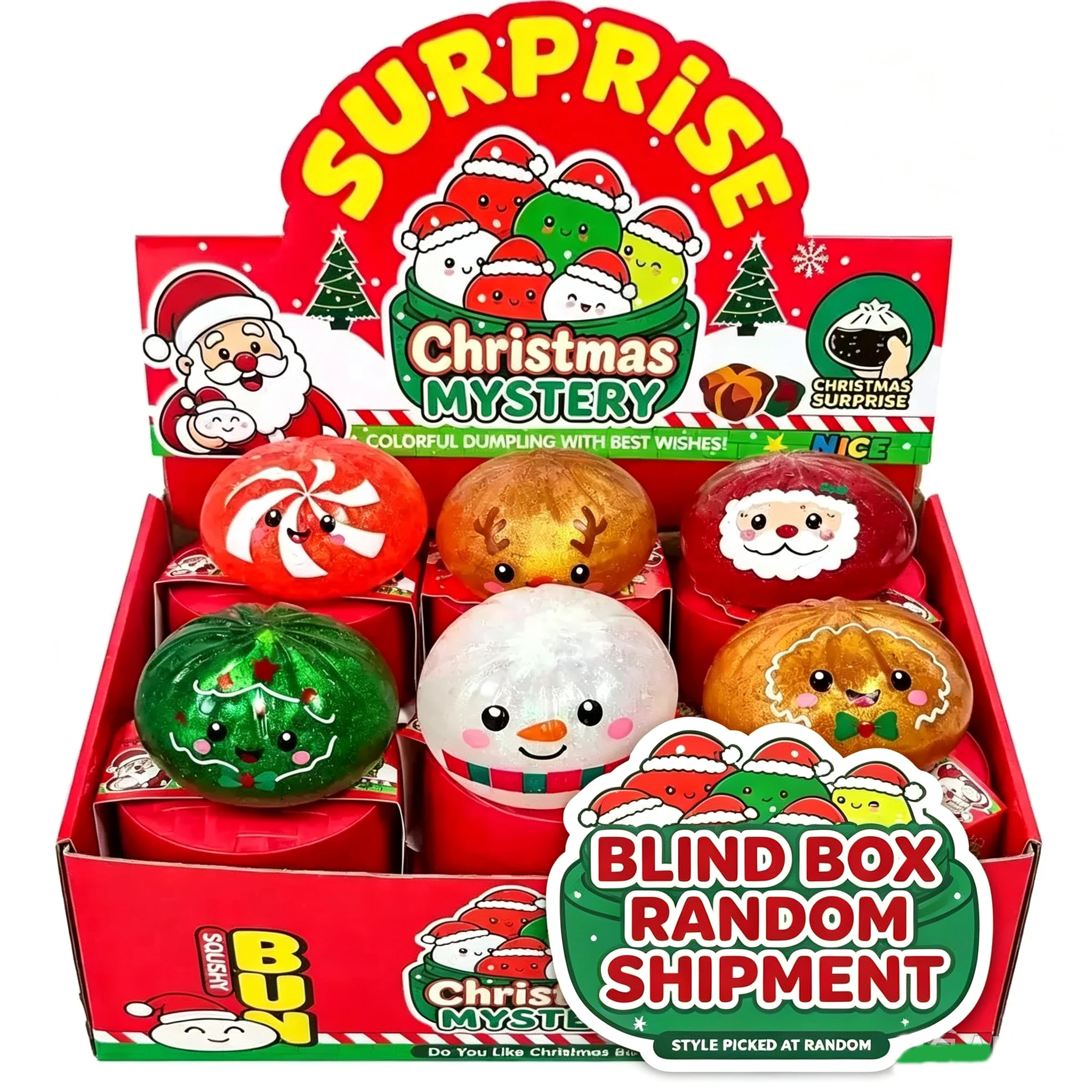 Christmas Blind Box Squishy Toy, Santa Snowman Elk Dumpling Squeeze Stress Relief Fidget Toy with Gift Box for Xmas Holiday Gift