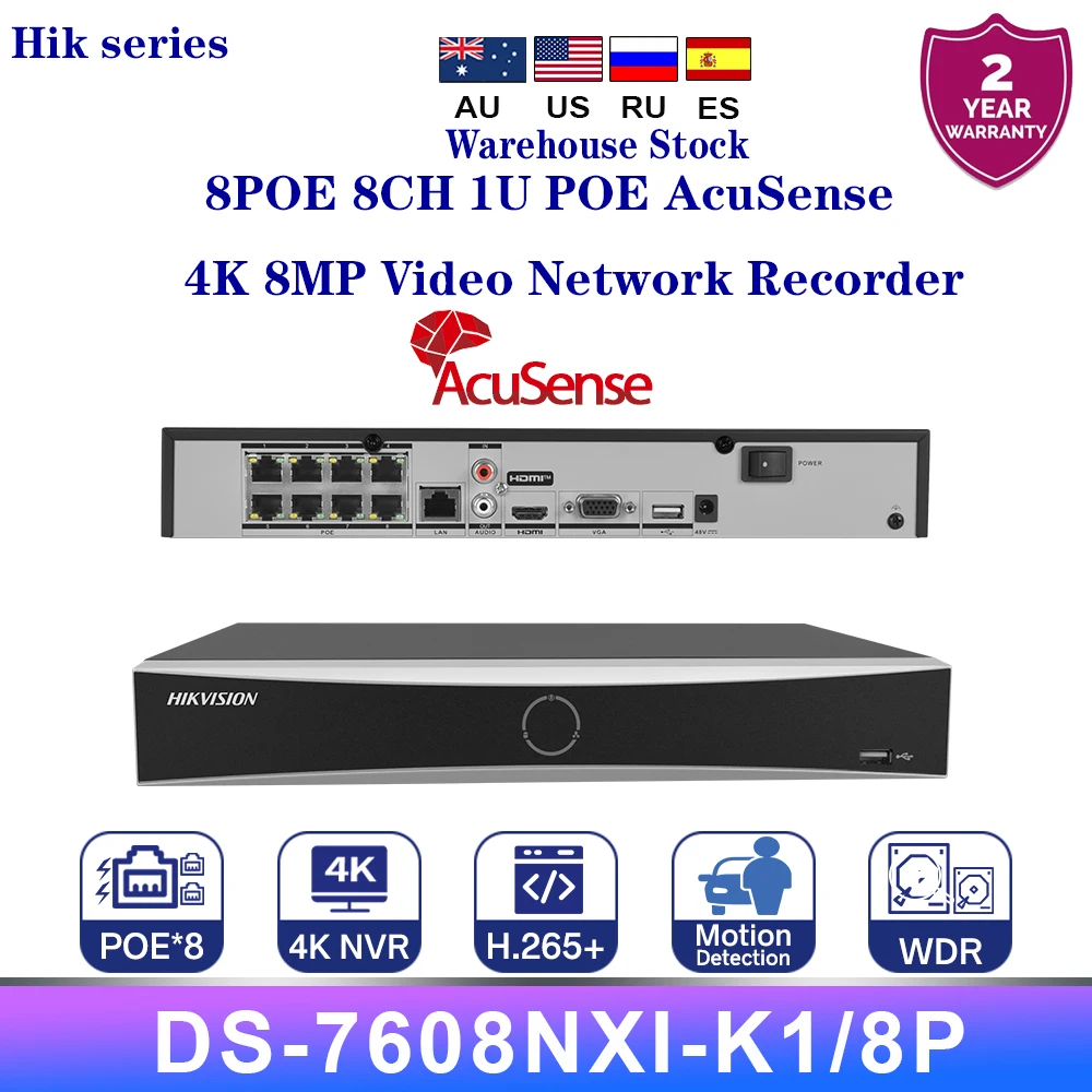 Hikvision seri 1U 8CH 8POE AcuSense 4K NVR DS-7608NXI-K1/8P pengenalan wajah pemutaran pintar SATA CCTV perekam jaringan Video