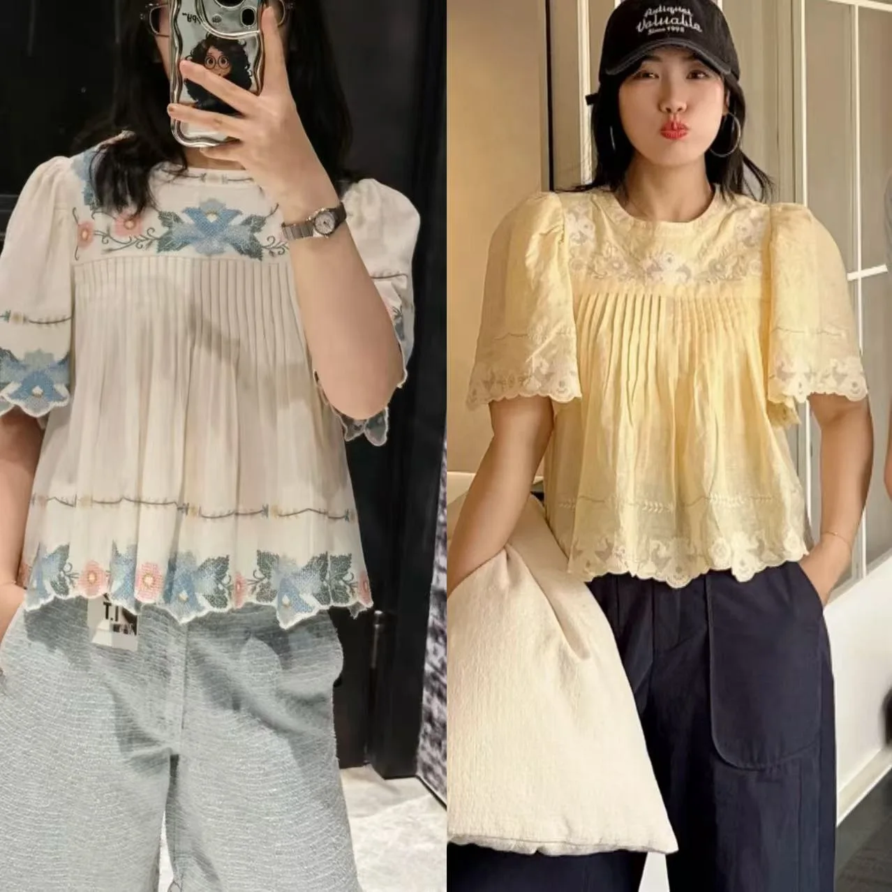 2025 summer shirt new retro ethnic style embroidered flowers ruffled loose round neck cotton top T-shirt