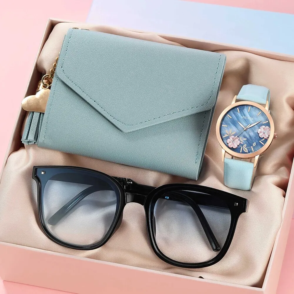 Women Fashion Leather Belt Watches & Butterfly Wallet Glasses Sunglasses Set Ladies Quartz Wristwatches Dress Clock Montre Femme