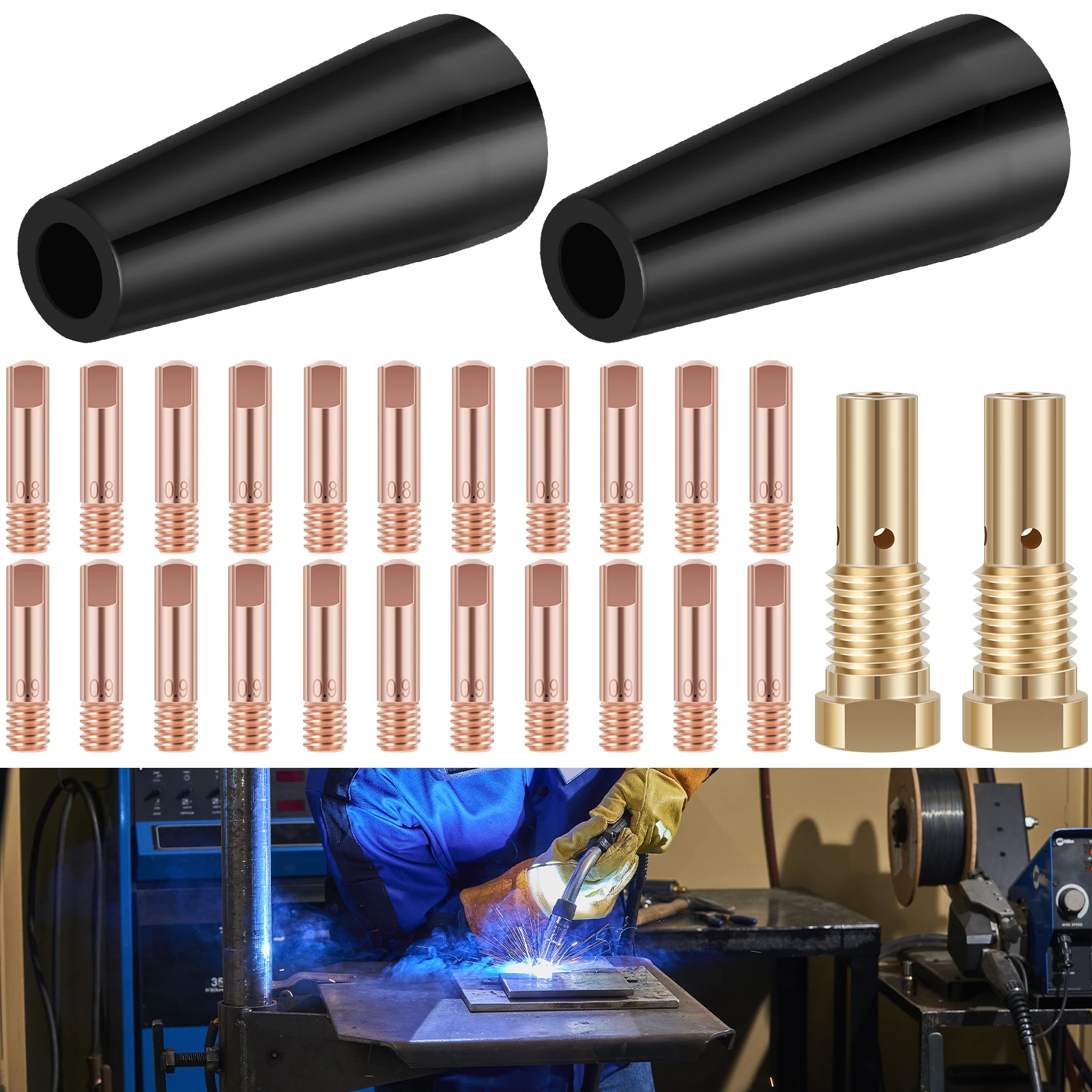 15Pcs MIG Welding Kit Flux Core ugello senza gas 0.8/0.9mm punte per saldatura in ottone sostituzione accessori per saldatore MIG