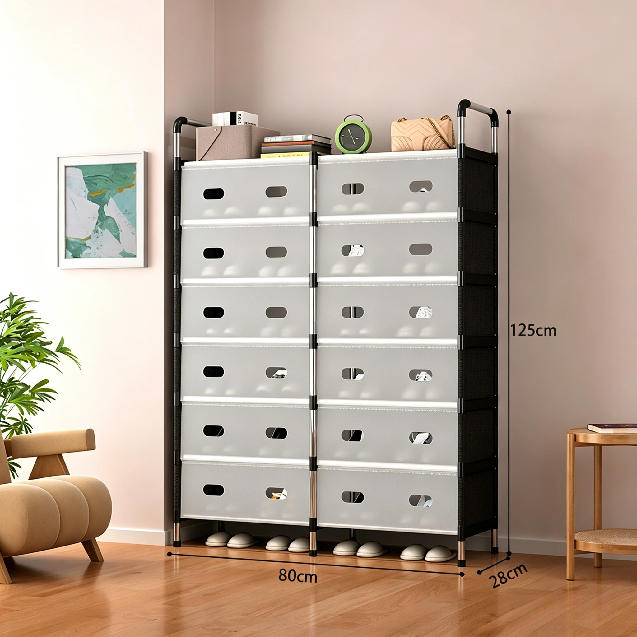 

7-ярусный шкаф для обуви с двумя колоннами, прозрачный пылезащитный органайзер для обуви с выдвижными ящиками, вместительная полка для обуви для прихожей