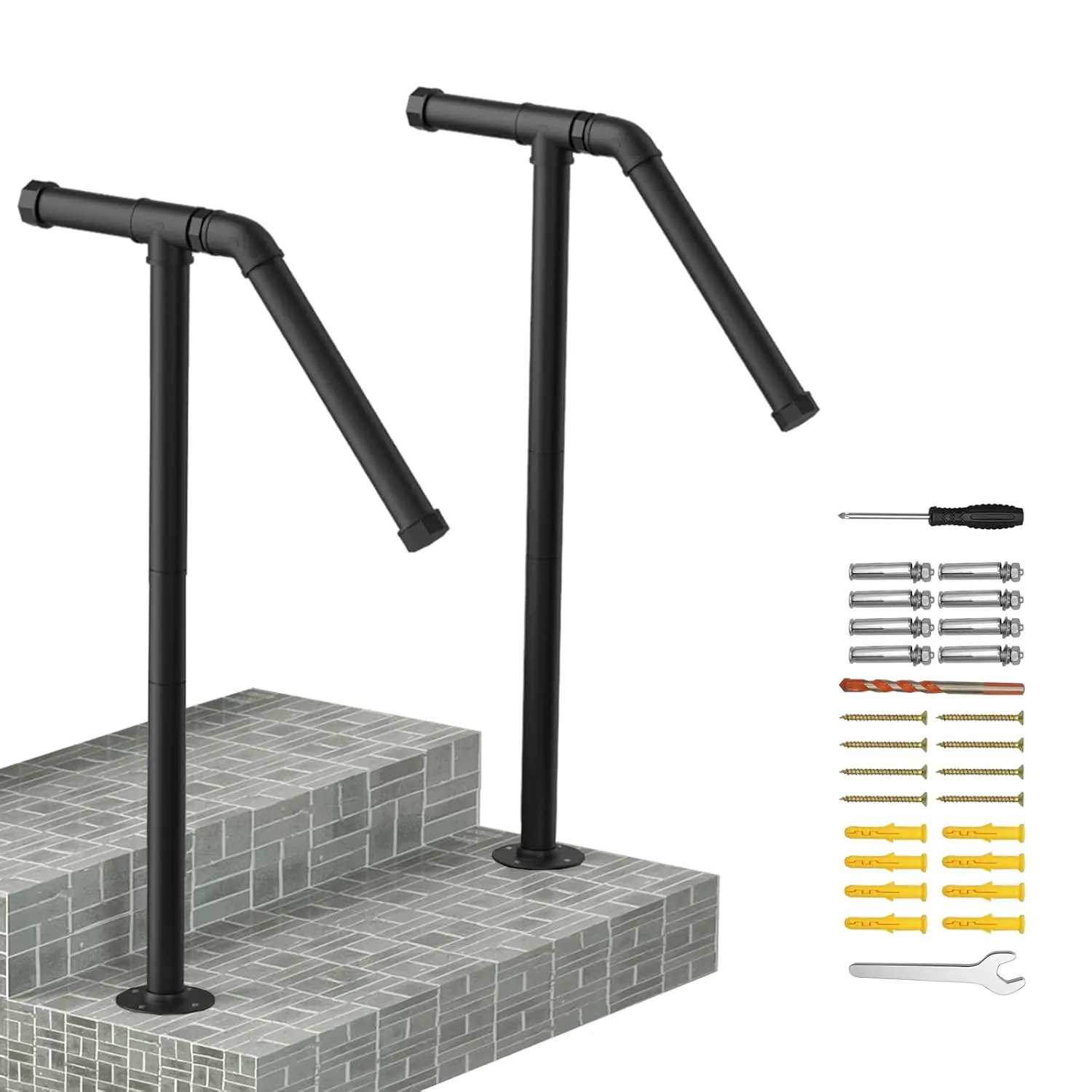 

Sturdy Wrought Iron Handrail Set for Outdoor Steps, Fits 1-2 Steps on Concrete or Wooden Stairs