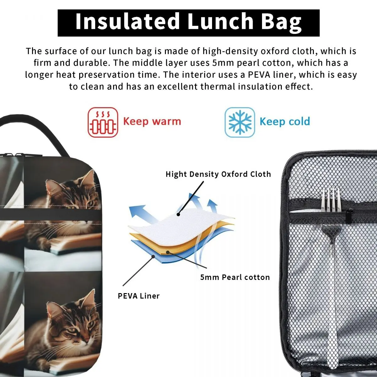 Chill Like Cat - Cat Reading Books - Cat Lover Insulated Lunch Bag for Women Kids Leakproof Food Boxes Thermal Lunch Box Tote