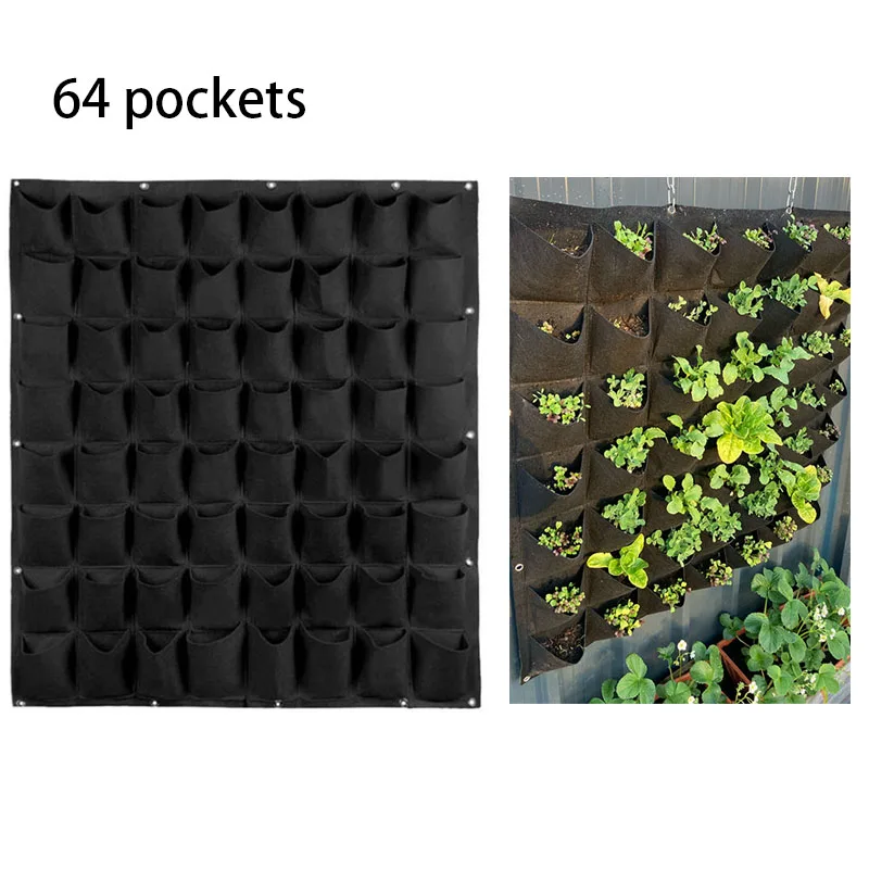 

64 Pockets Wall Hanging Planting Bags Vertical Garden Wall-mounted Grow Bags Flower Plant Nursery Bags Outdoor Jardinage Yard A6