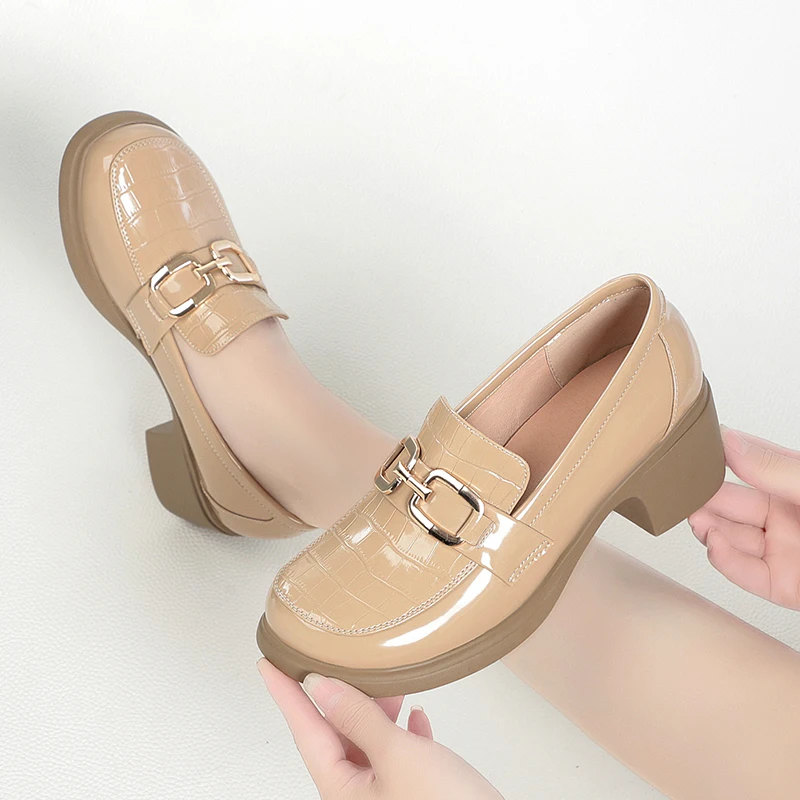 Authentic Leather Shoes for Women Trend Pumps Casual Platform Loafers Elegant Medium Heel Fashion Luxury Designer Shoes Big Size